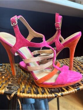 Saks Fifth Ave Heels Neon Strappy Sz 8.5
